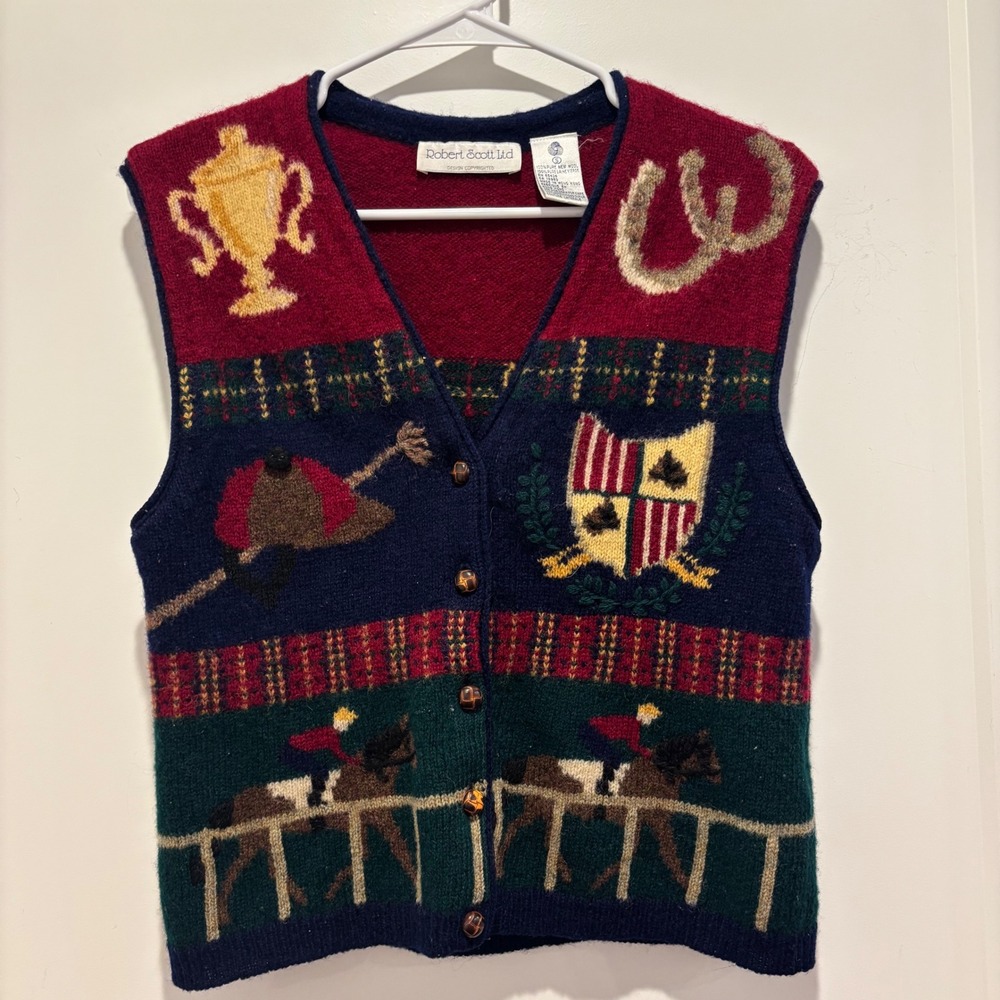 Robert Scott Ltd Vintage‎ Wool Equestrian Horse Race Sweater Vest Navy Red Small